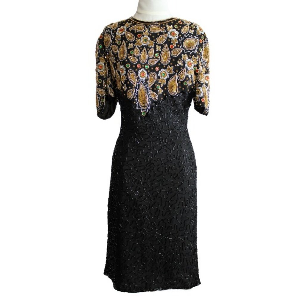 Night Vogue SZ Med 100% Silk Beaded & Sequin Black Evening Dress